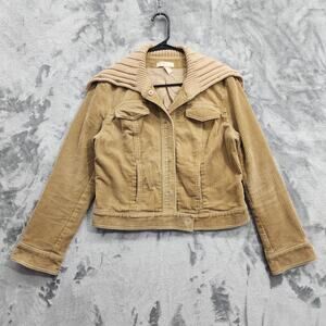 Vintage J.Crew Jacket Womens M Tan Corduroy Bomber Large Knit Collar Snaps Lined